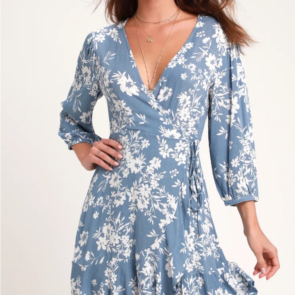 Lulus Floral in This Together Dusty Blue Floral Print Wrap Dress